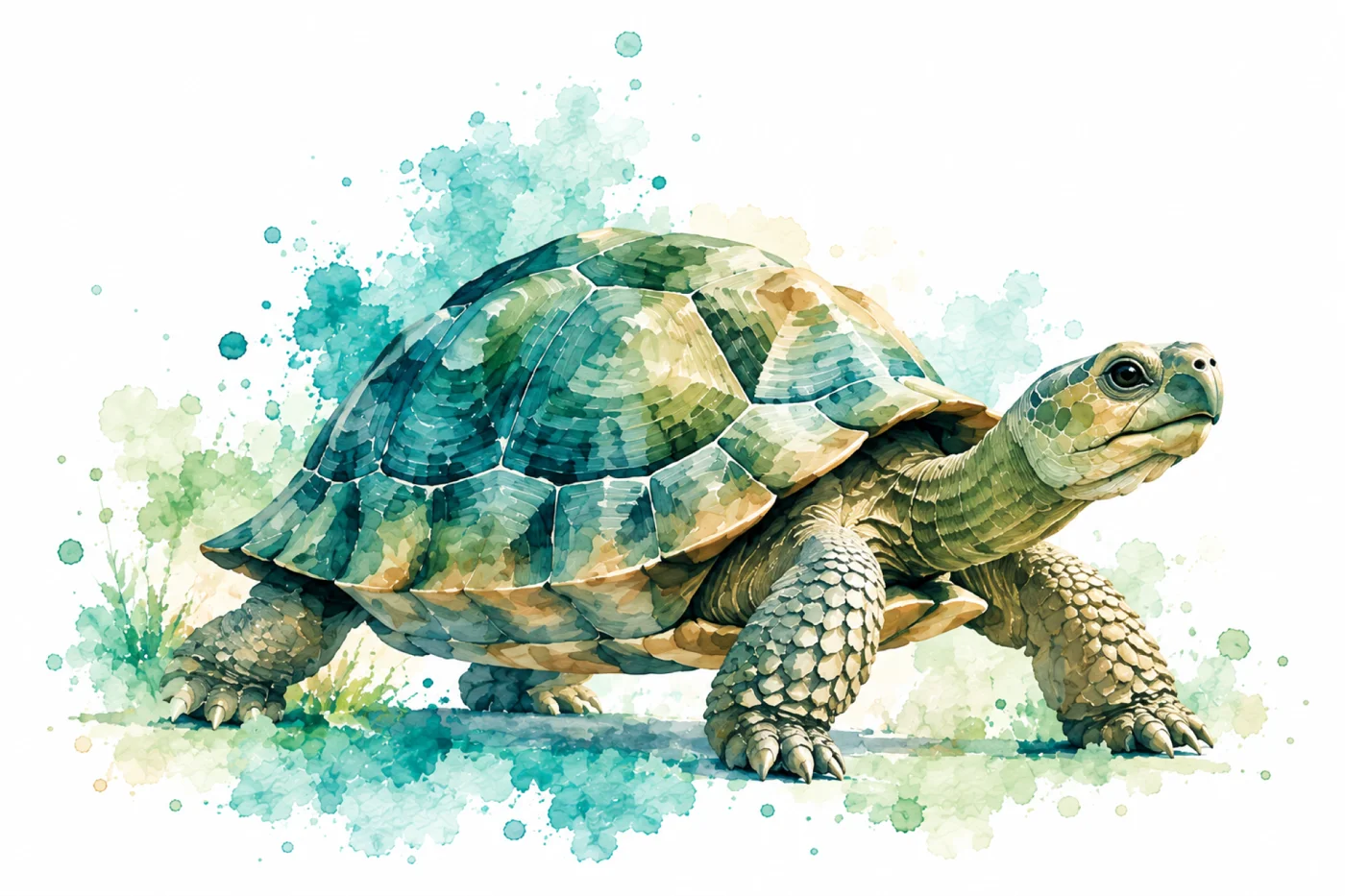 Watercolor illustration of a tortoise walking.