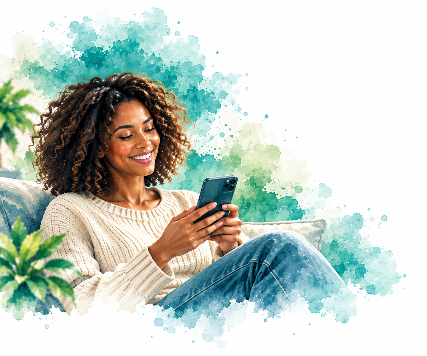 Watercolor illustration of a woman smiling at her phone on a sofa